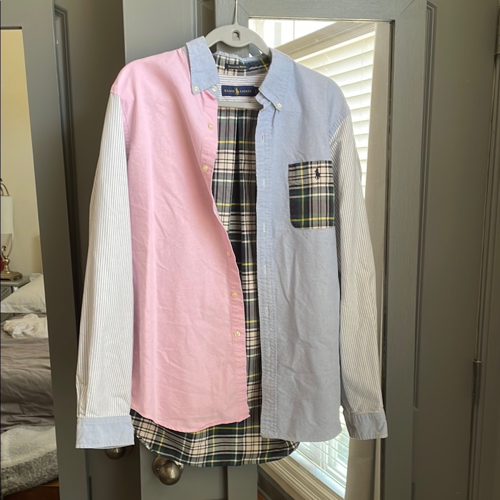 Vintage Ralph Lauren Men's Pink and Blue Patchwork Shirt